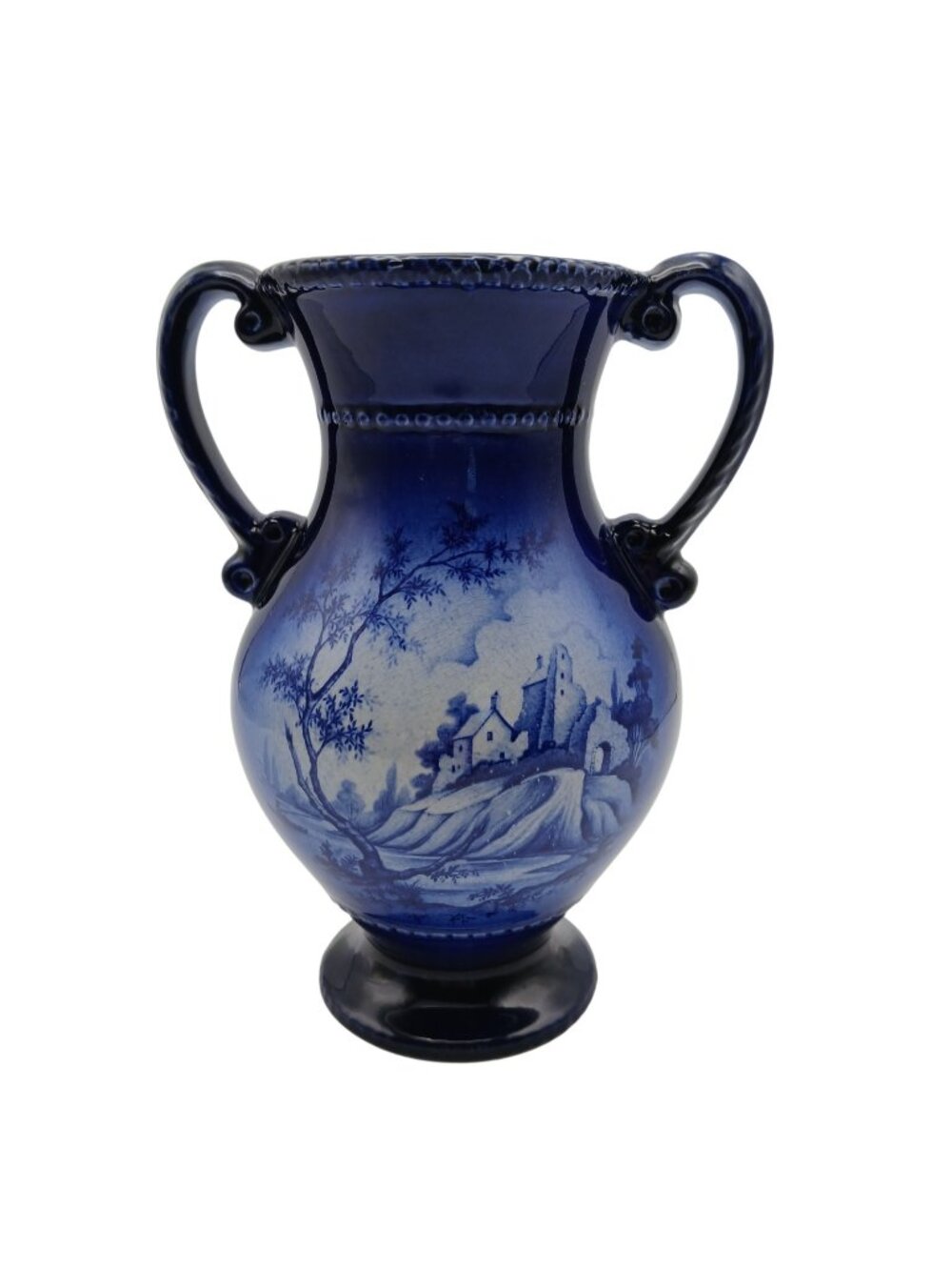 Oldcourt Ware Staffordshire Blue Transferware Vase Double Handle Hand Painted 7.